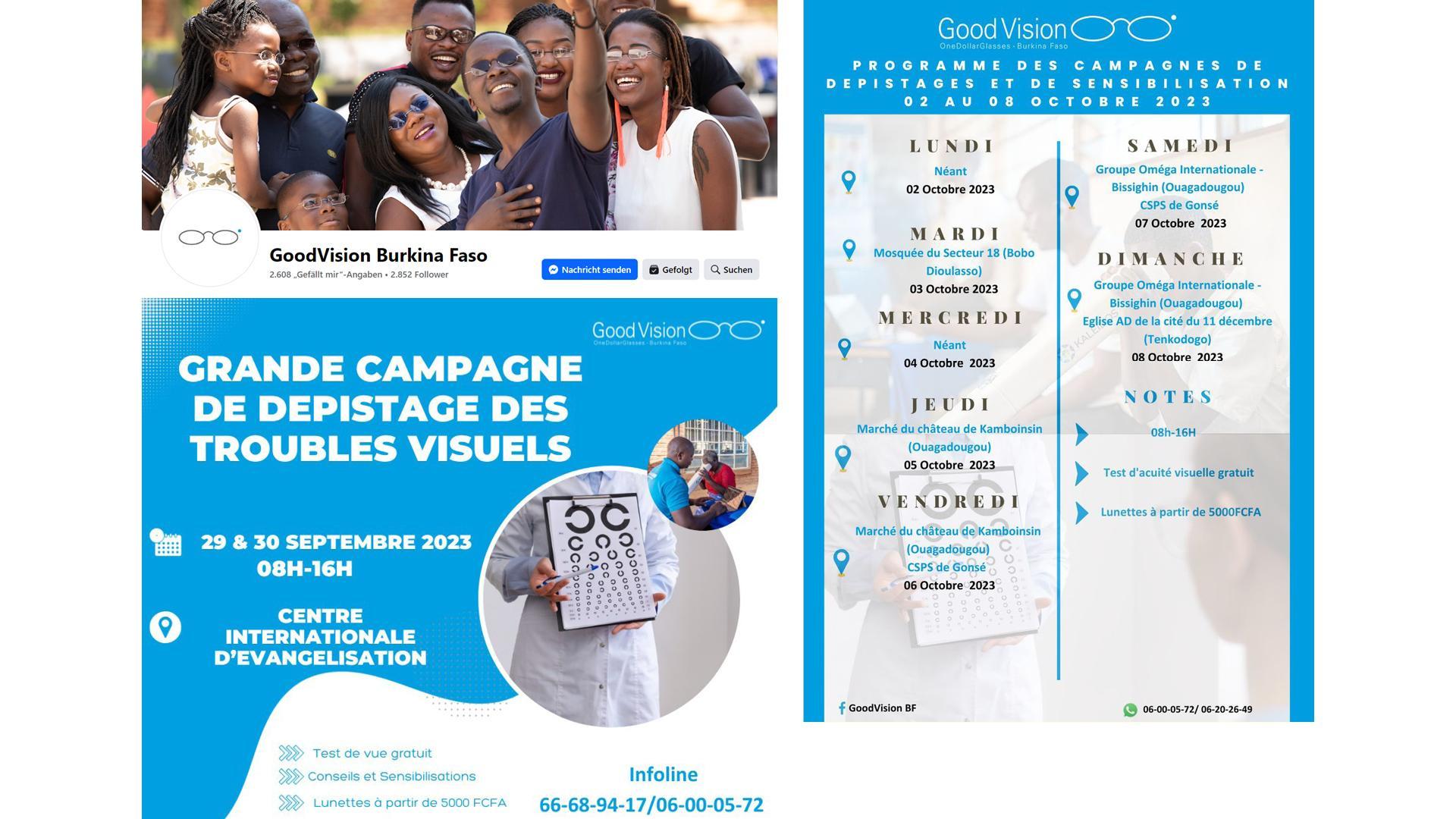 Ankündigung von Sehtests über Facebook in Burkina Faso