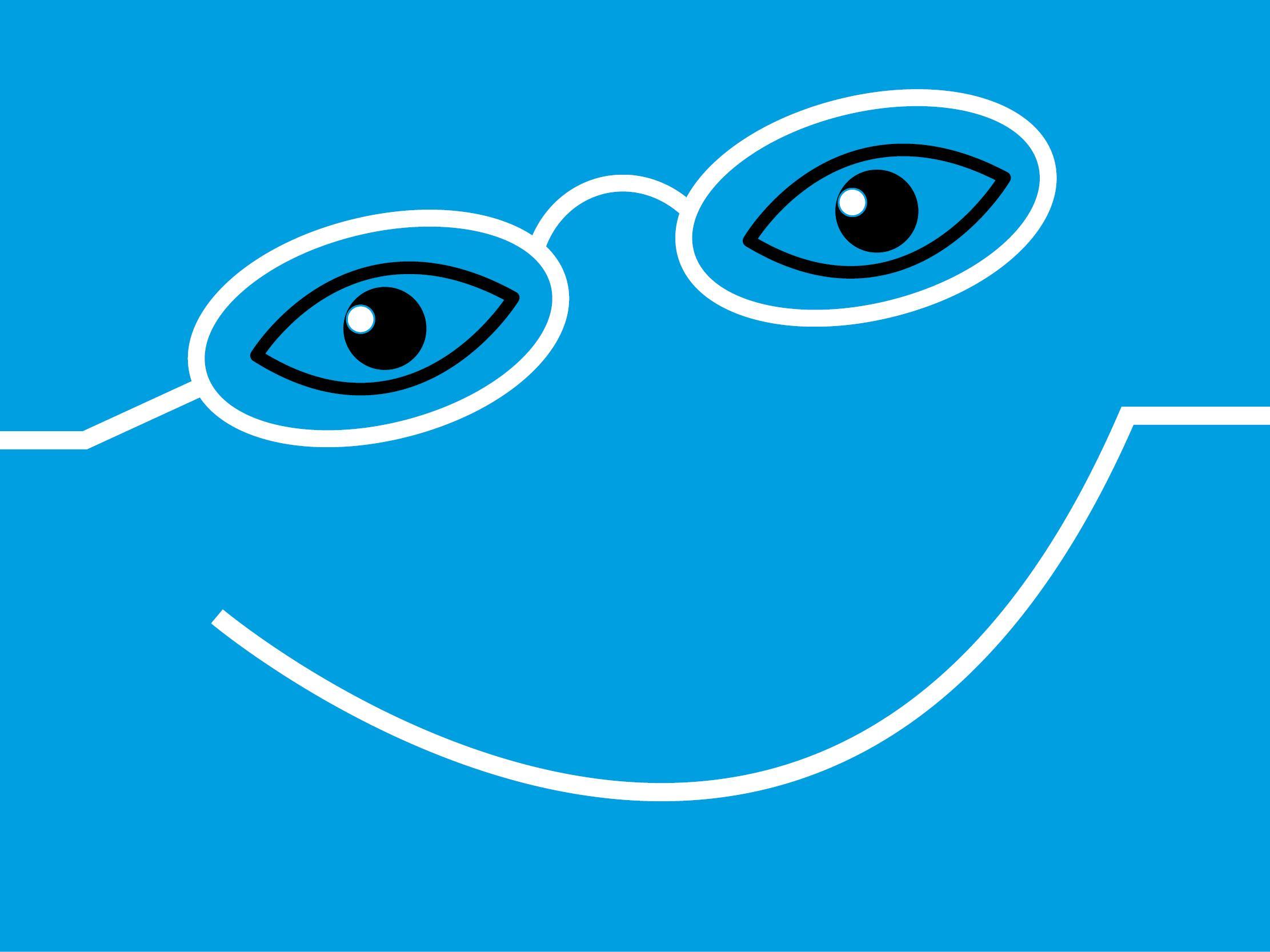 Grafik: blauer Hintergrund, Strichgrafik lachendes Gesicht mit EinDollarBrile